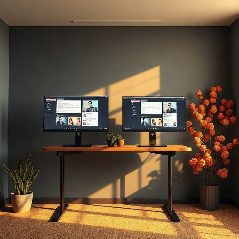 Modern Kakamega office interior with slate walls, dual monitors and warm equatorial light