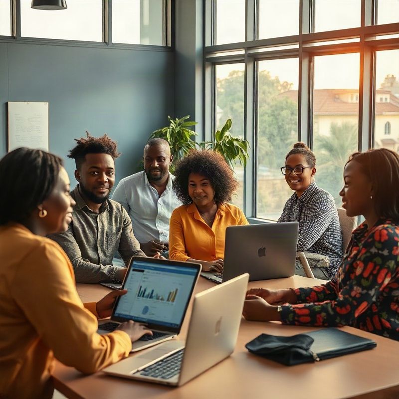 Small diverse Kenyan tech team in a bright Kakamega office