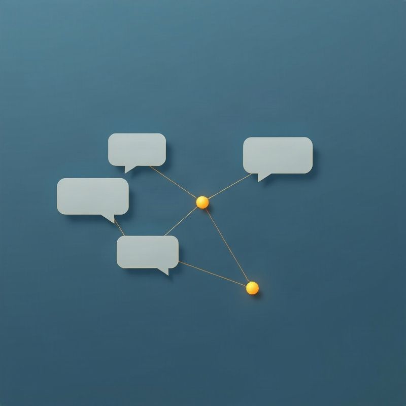 Abstract illustration of interconnected conversation flow nodes on a slate-blue background