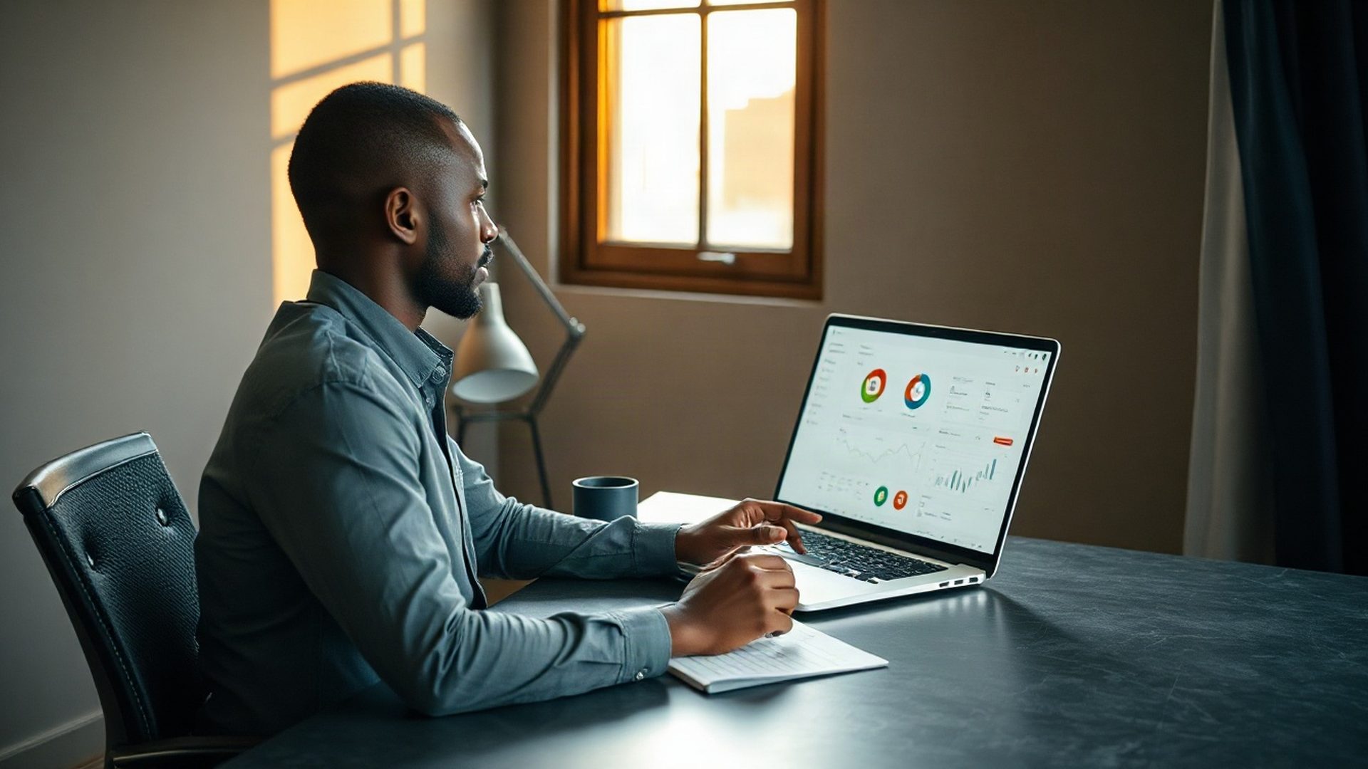 Kenyan professional reviewing a chatbot analytics dashboard on a laptop in warm equatorial light