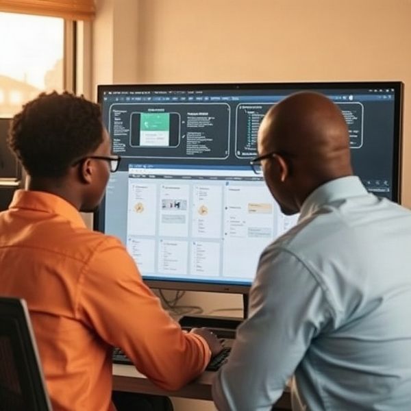 Two Kenyan chatbot developers collaborating at a slate-coloured workstation in Kakamega